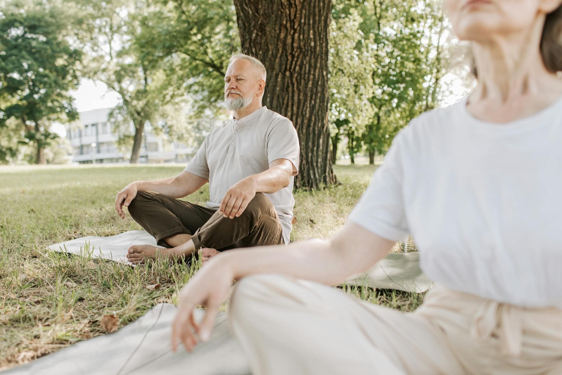 Elderly man and woman meditating outdoors on yoga mats in a peaceful park setting. - what is mindfulness