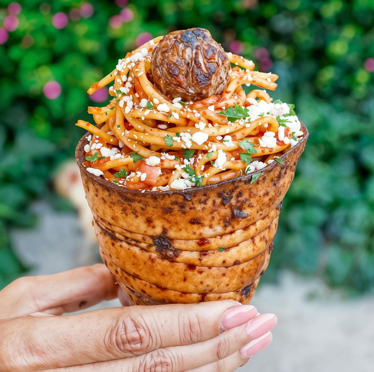 Delicious plant-based spaghetti served in a savory cone with vegan cheese and fresh herbs. - vegan spring recipes