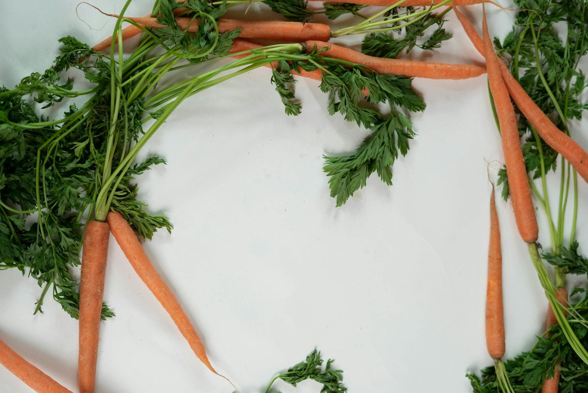 Top view of freshly harvested carrots with green tops on a white surface. - winter produce reset