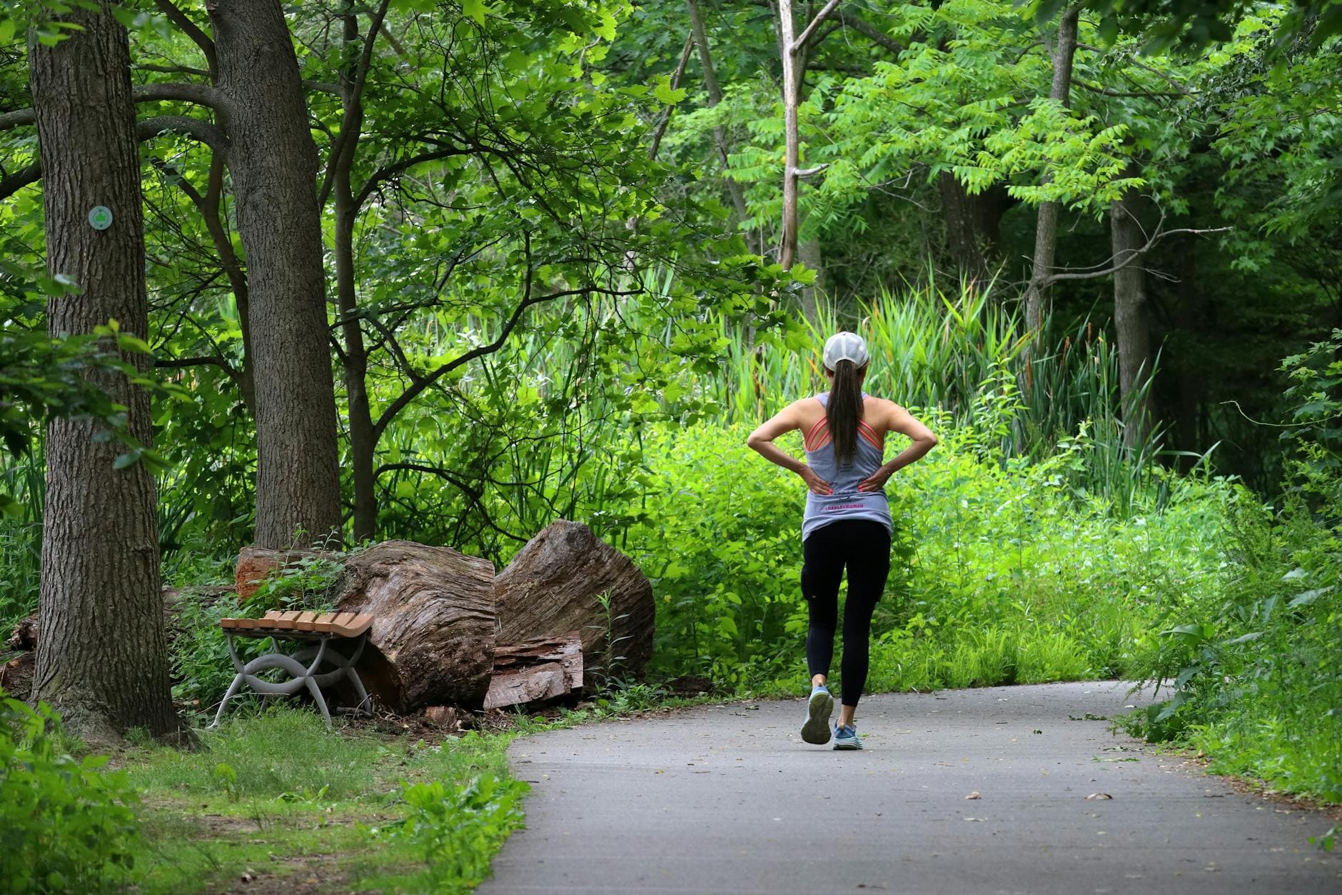 A woman jogs peacefully on a forest path surrounded by lush greenery on a sunny summer day. - outdoor running pace