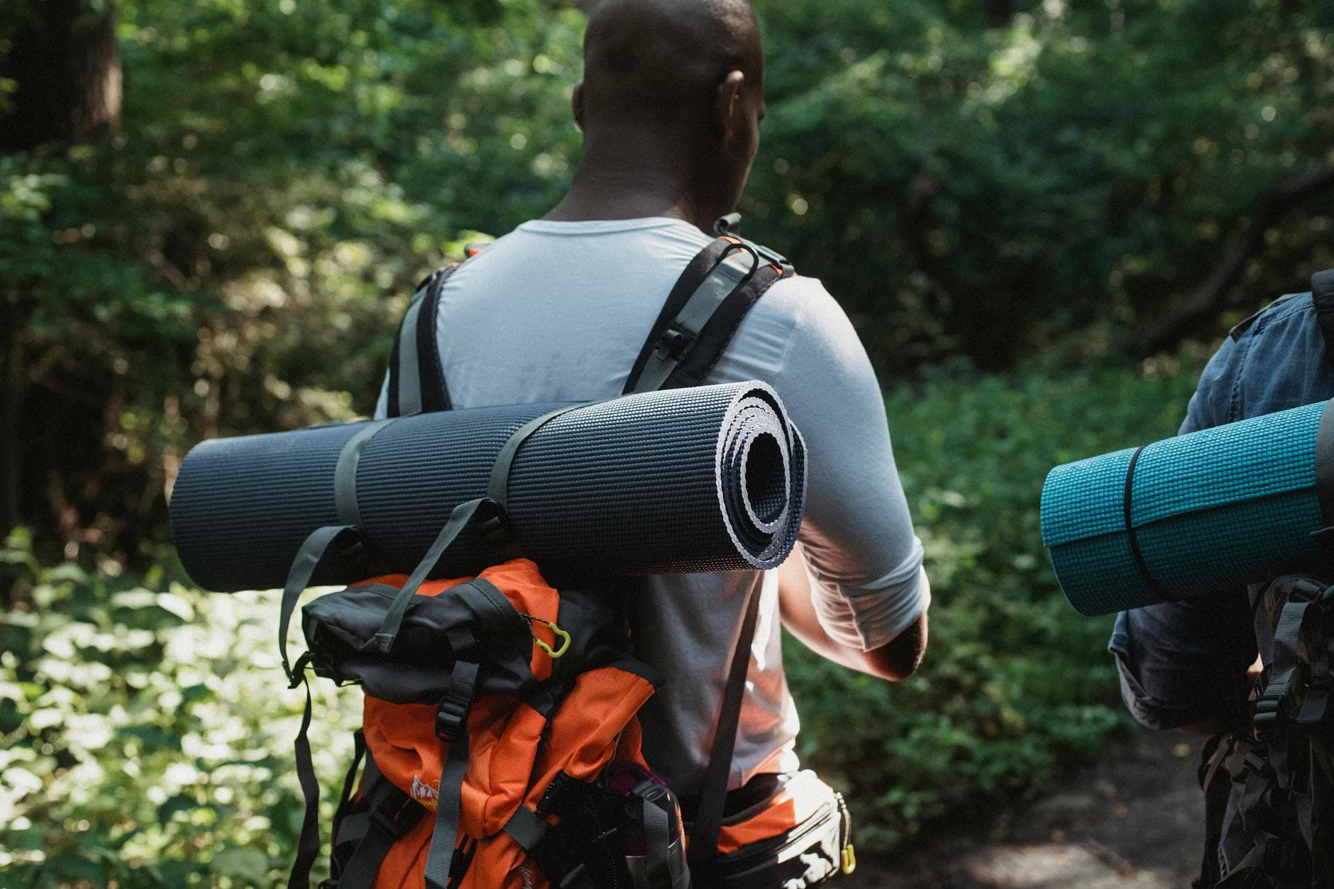 Two men hiking through a verdant forest, carrying backpacks and yoga mats on a sunny day. - hiking for weight loss