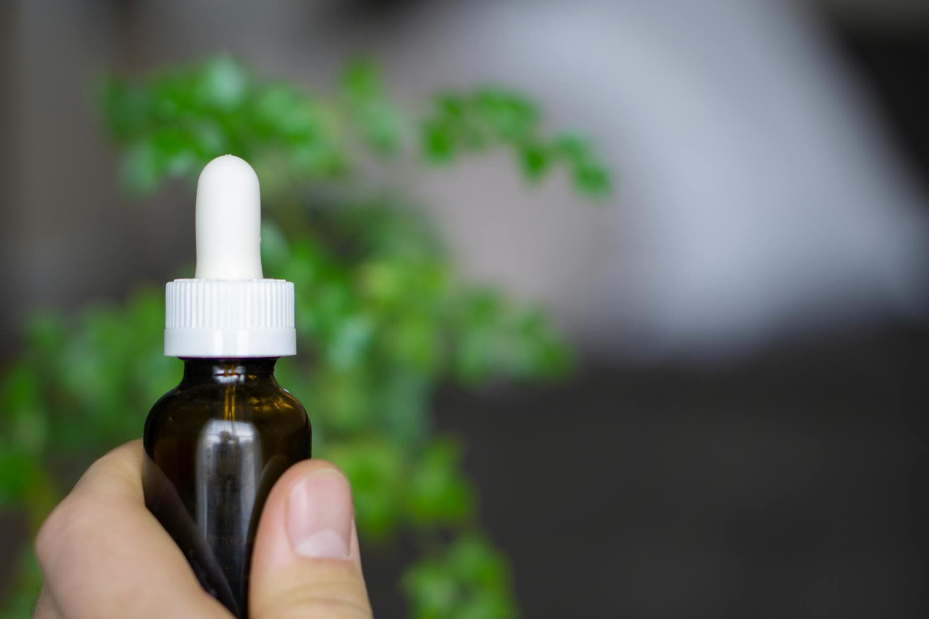 Hand holding a dropper bottle of CBD oil against a soft-focus botanical background. - natural health products