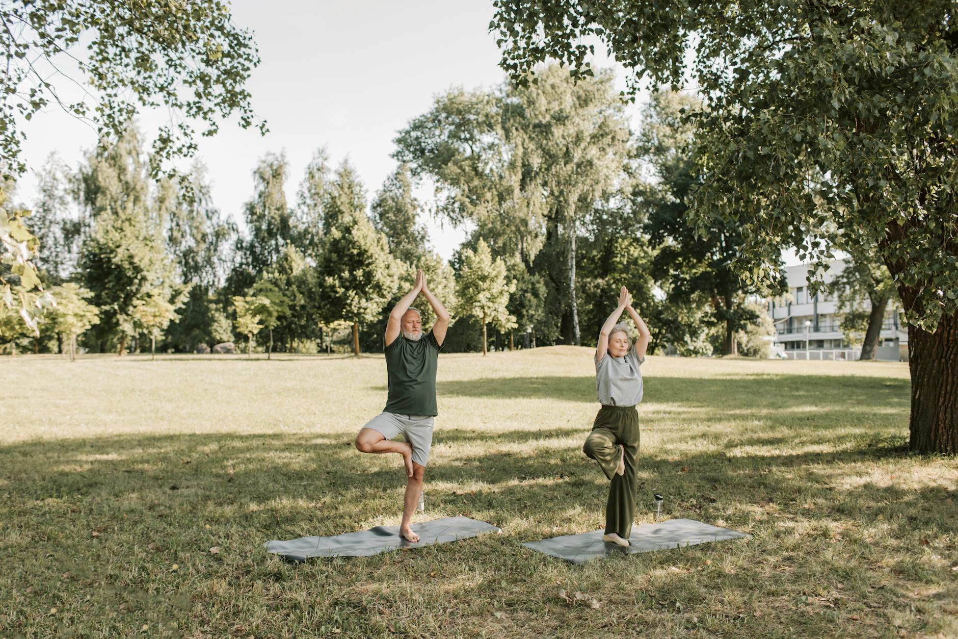 Elderly couple performing yoga in a sunny park, enhancing health and mindfulness. - deep breathing exercises
