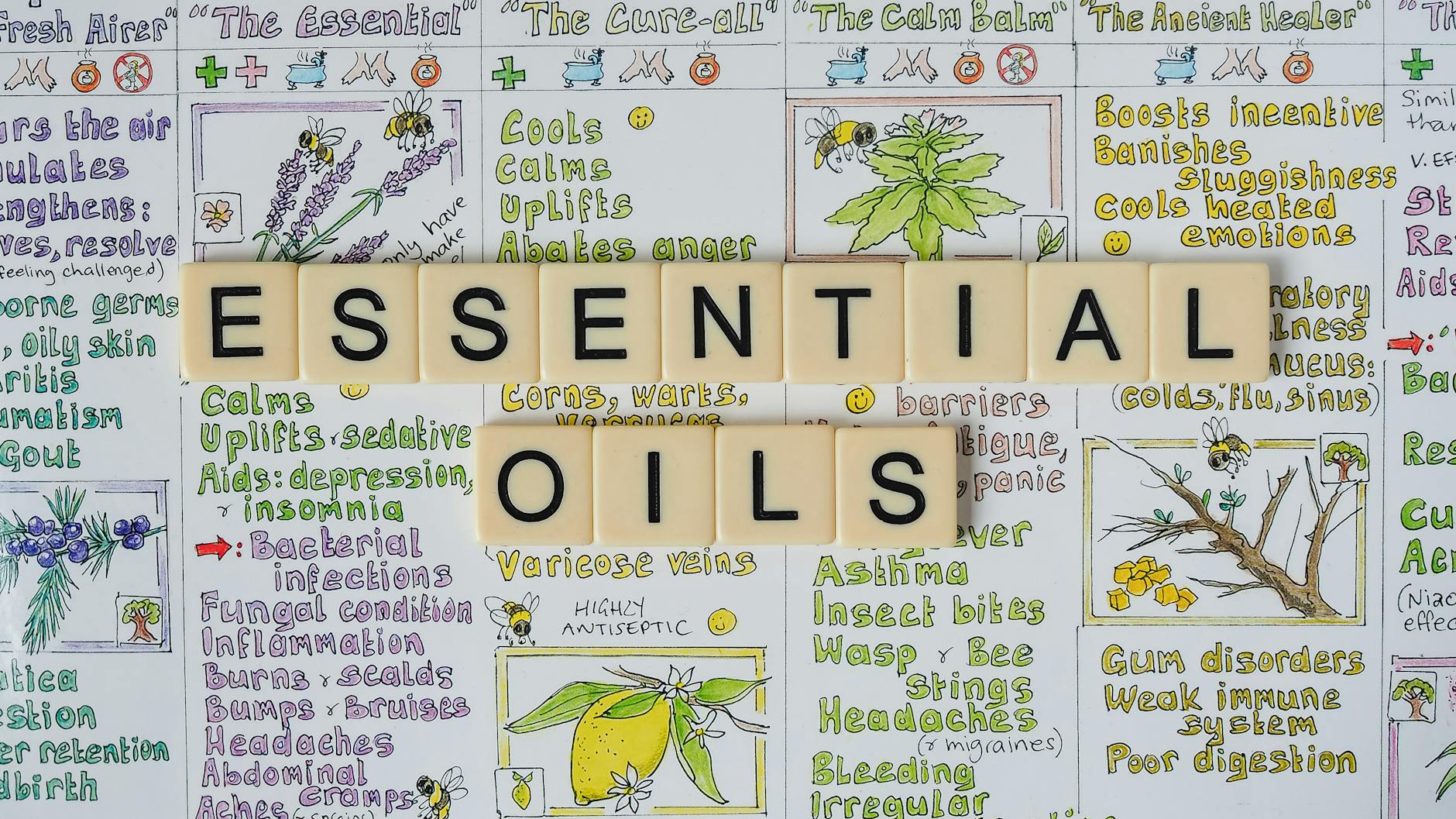 A visually engaging layout of letter tiles spelling essential oils over an informative background with illustrations. - swimming benefits for health