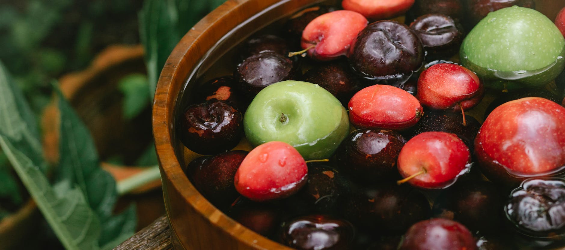Closeup of ripe delicious tasty fruits in wooden bowl in forest in daylight - apple detox water