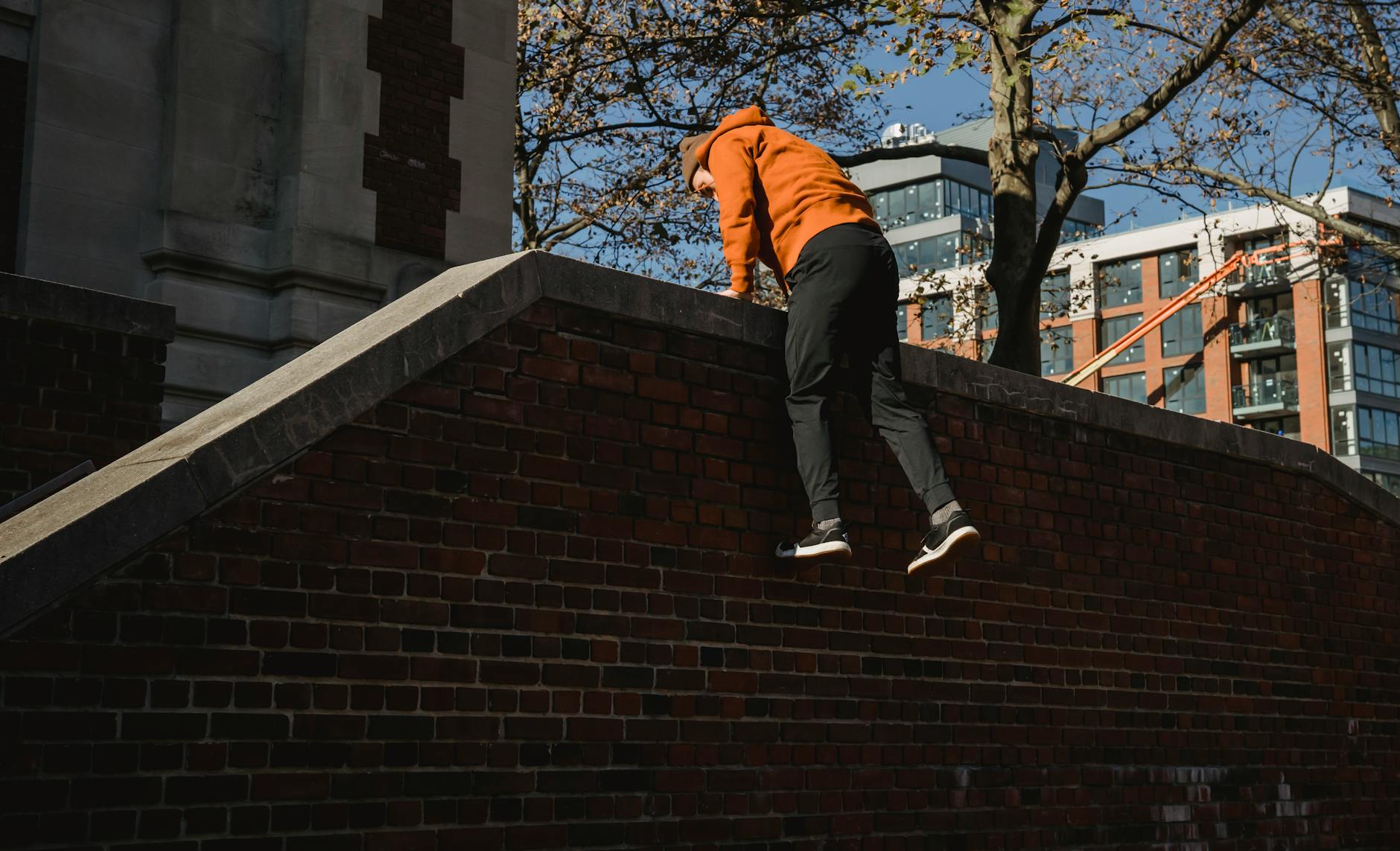 Back view full length energetic male tracer climbing over brick fence in modern town on sunny autumn day - free running beginners
