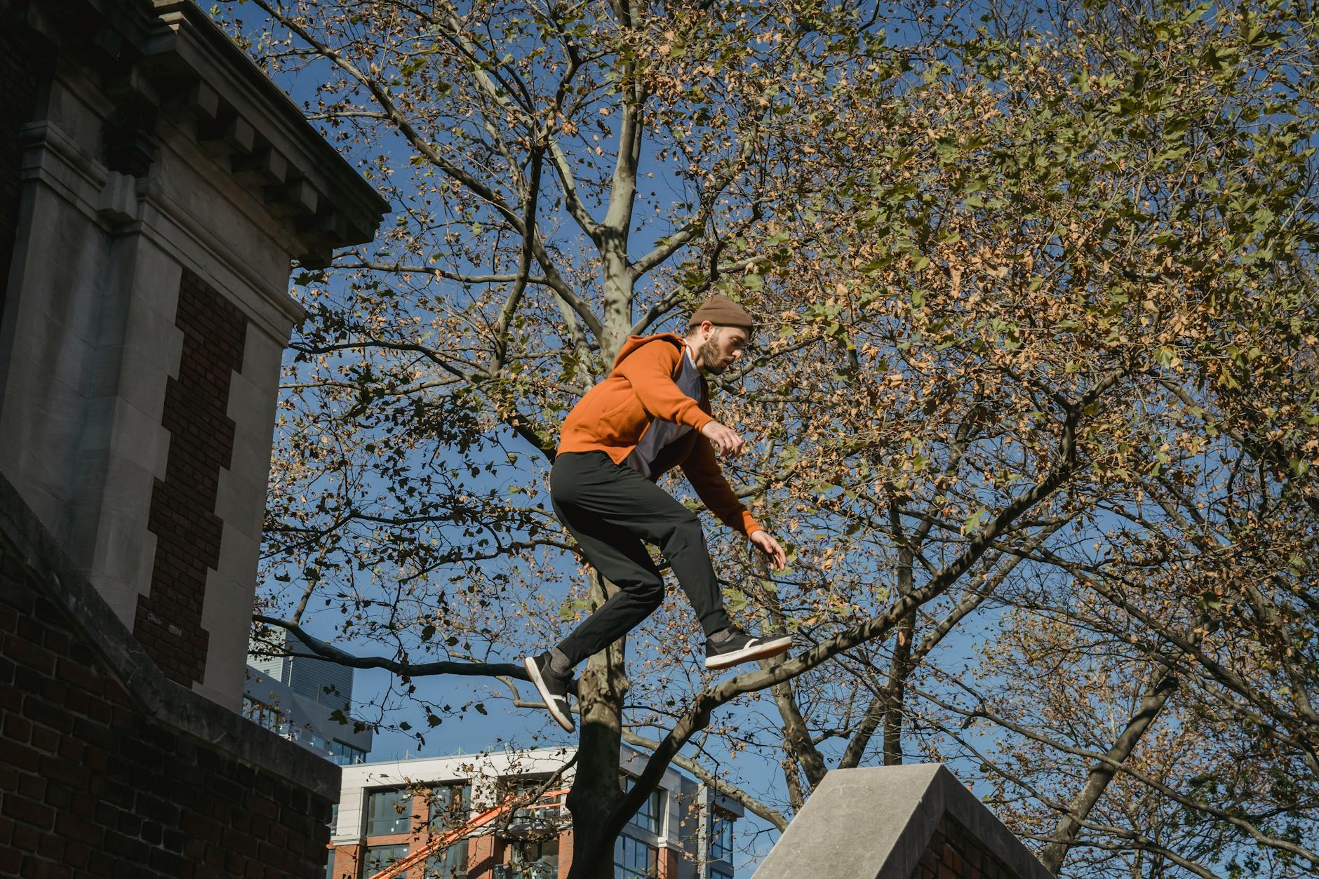 A male athlete skillfully performs parkour in an urban setting with vibrant autumn foliage. - free running beginners