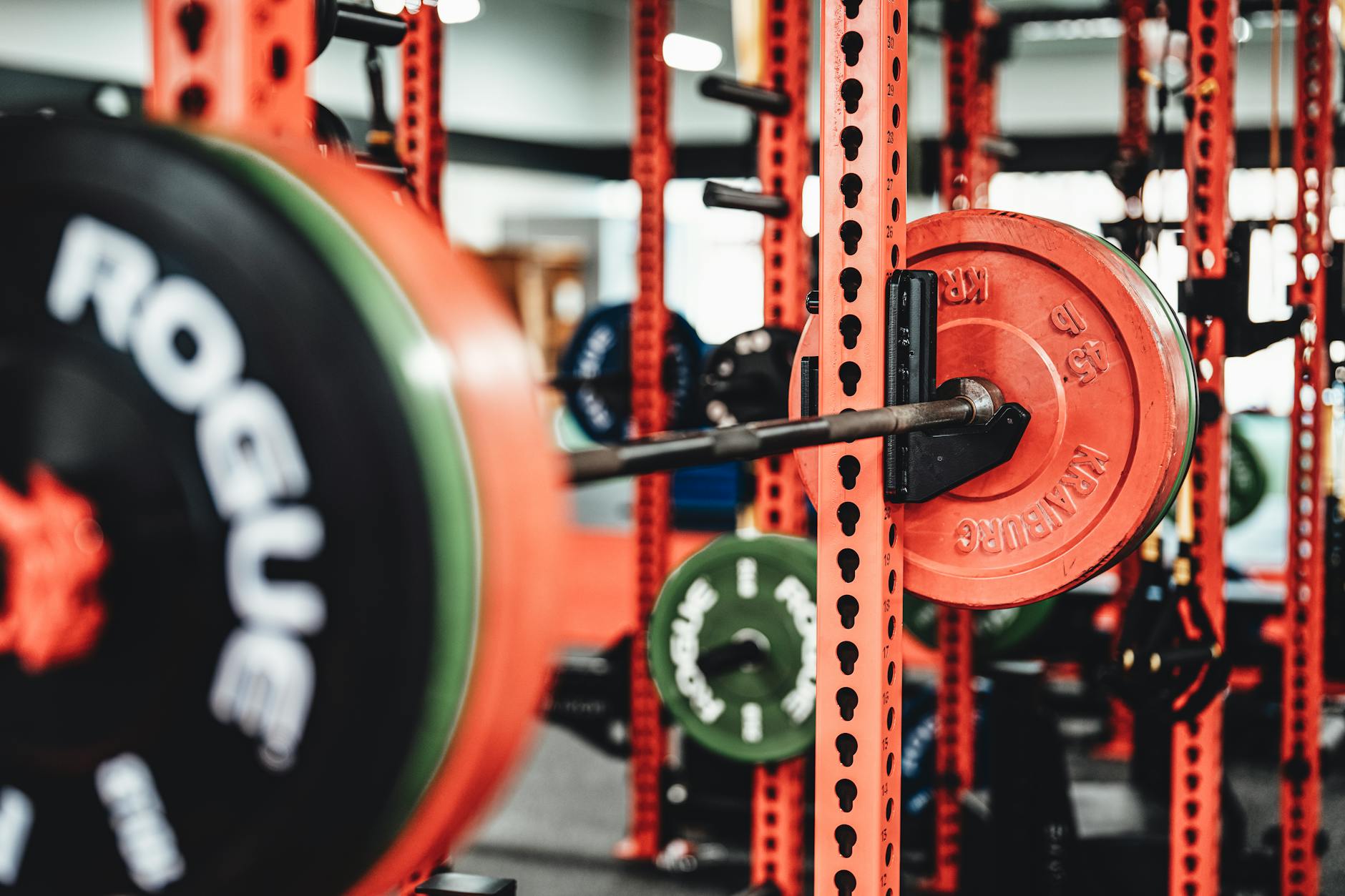 Detailed view of a weightlifting setup in a modern gym featuring colorful weight plates on a barbell. - maintain weight travel