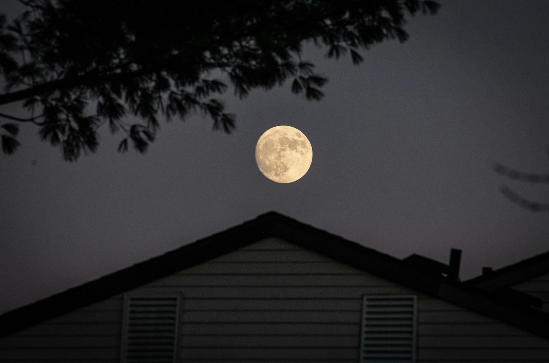 A full moon illuminating the night sky above a silhouetted house with trees. - how much water spring