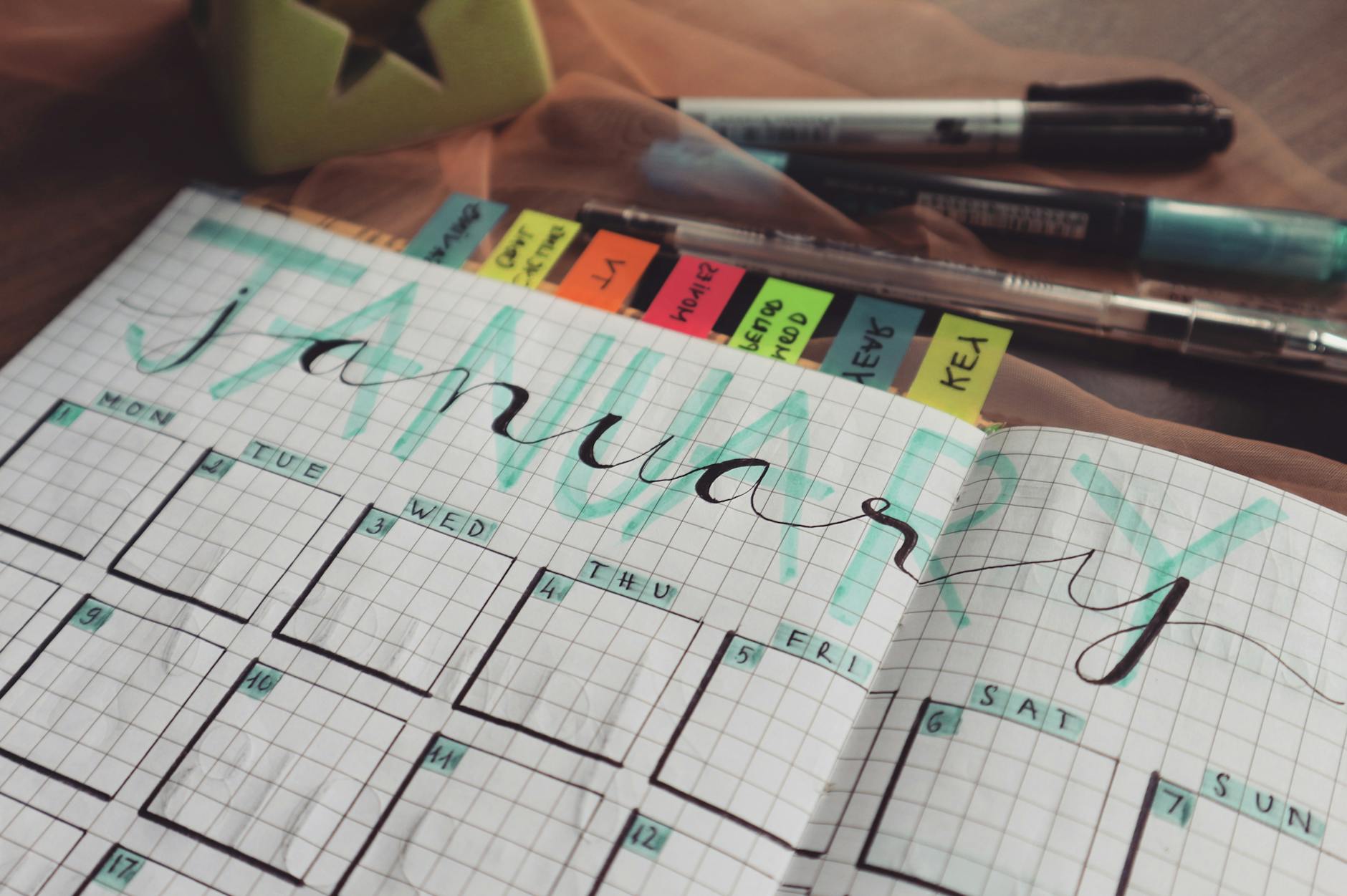 Handwritten January planner page with tags and pens on a desk. Perfect for organizing schedules. - weekly workout plan