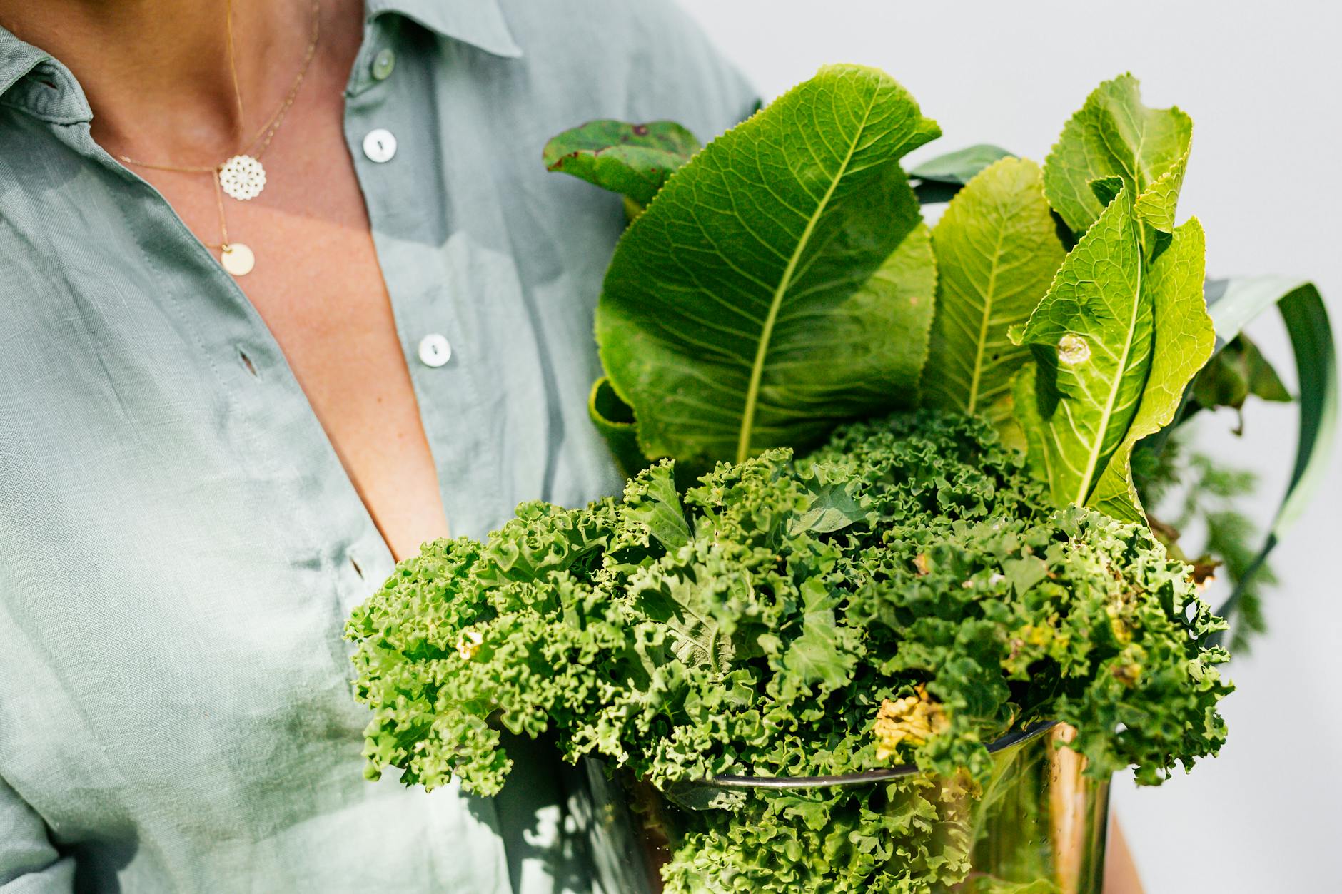 Close-up of fresh curly kale and leafy greens held by woman in green shirt. - gentle spring detox
