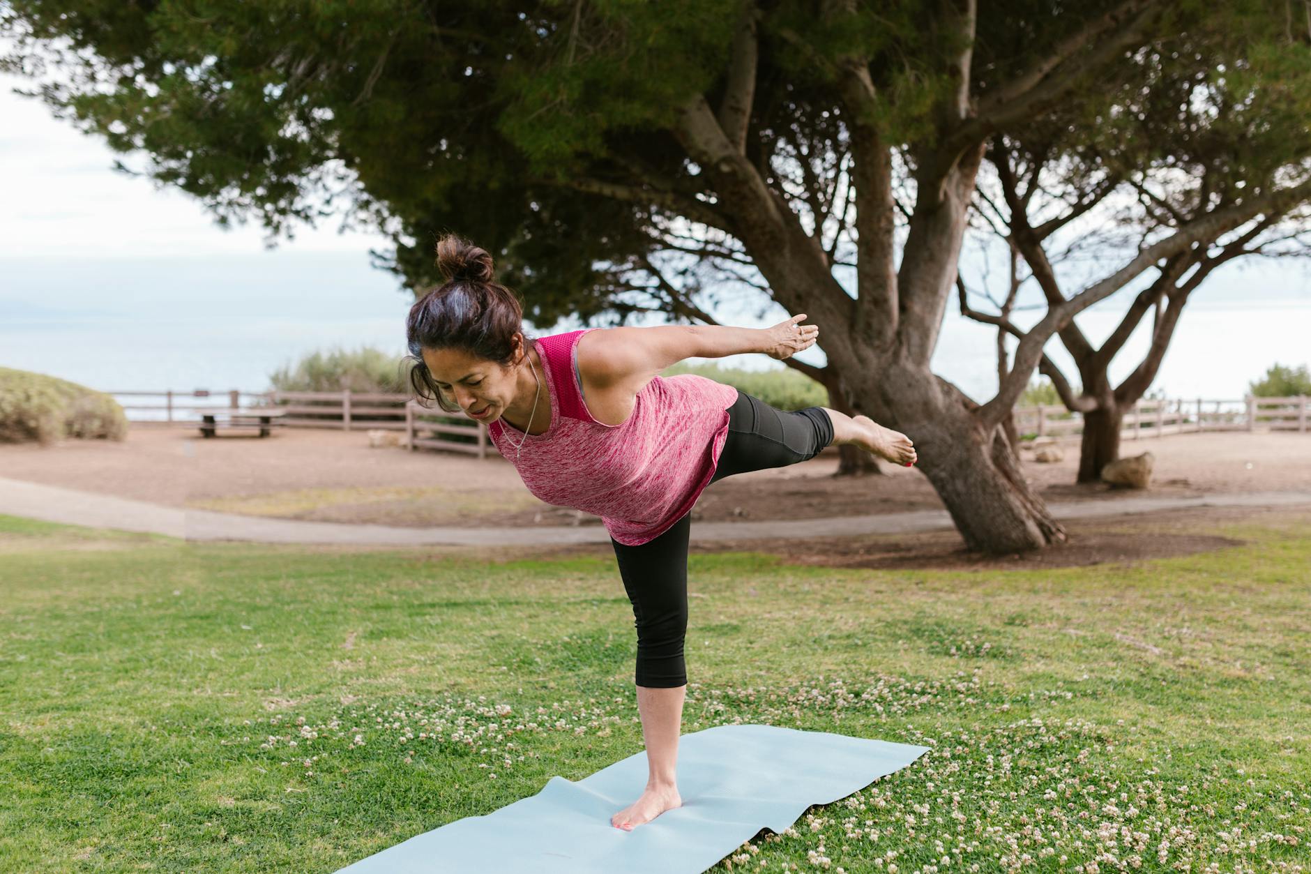 Woman in a balancing yoga pose on a mat in a scenic outdoor park setting. - gentle yoga spring