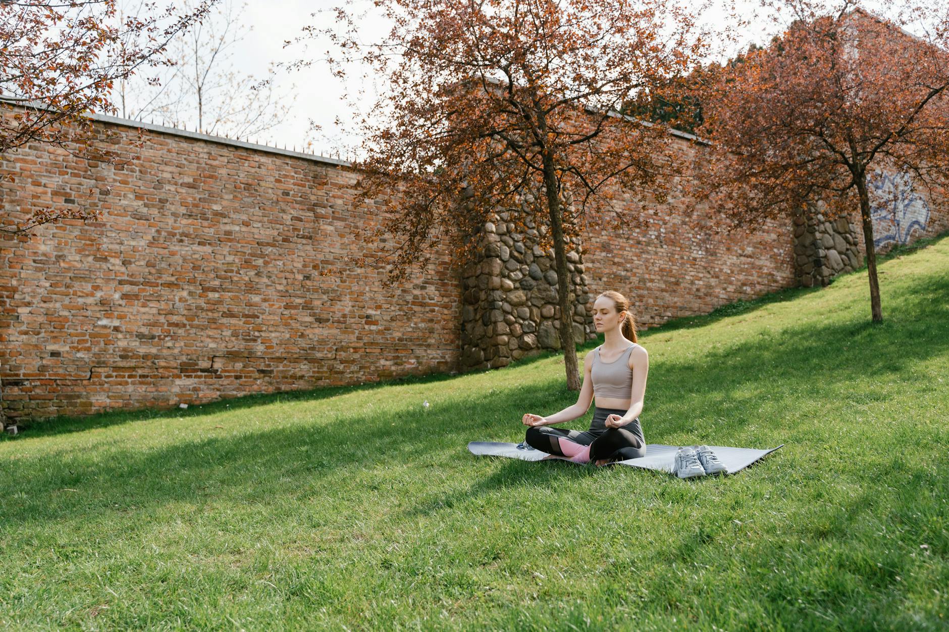A serene moment of meditation on a grassy field with blooming trees. - gentle yoga spring