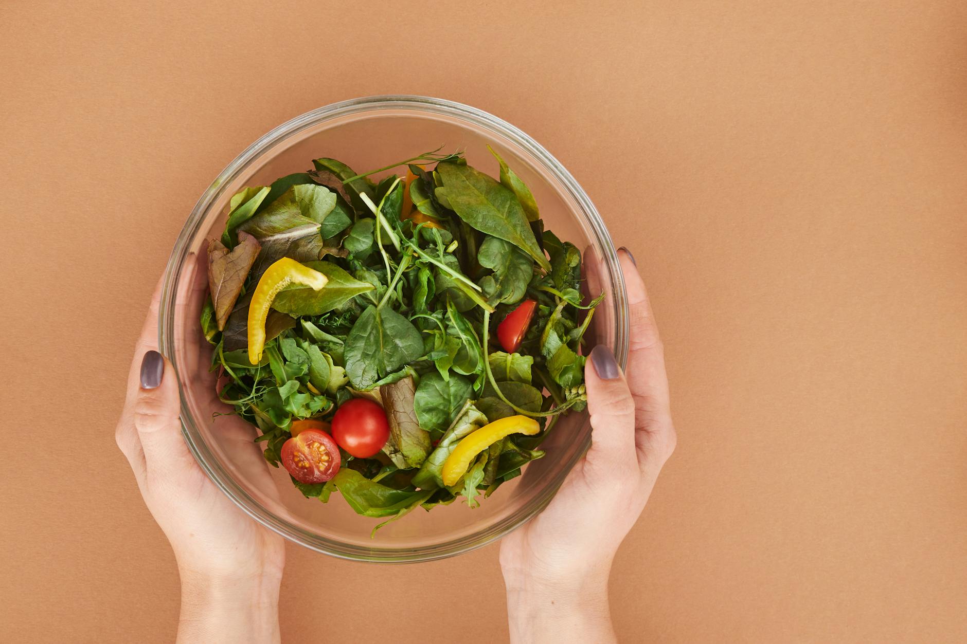 Healthy fresh salad bowl with cherry tomatoes and greens held by hands on a brown surface. - raw food nutrition