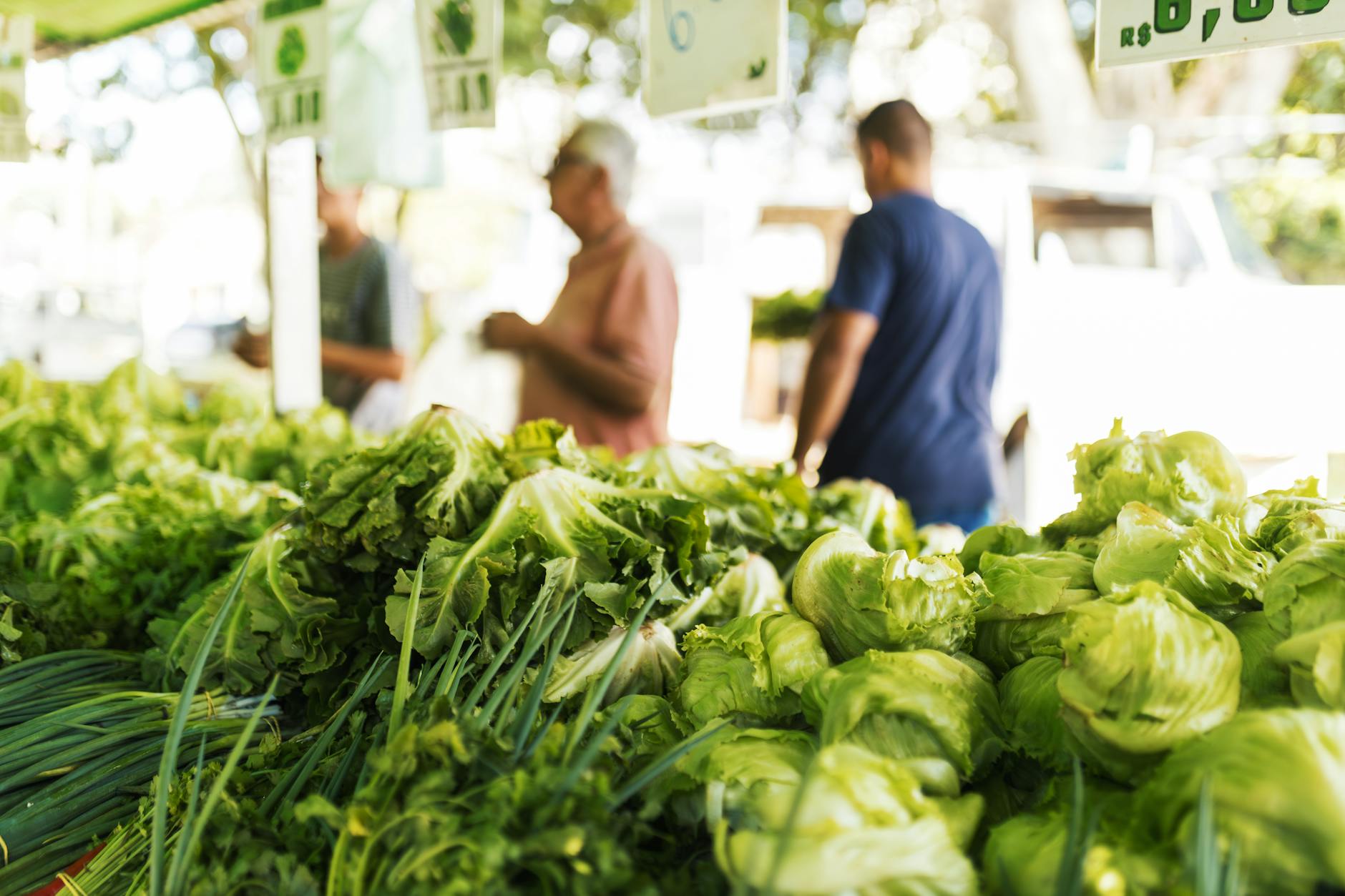 Vibrant display of green vegetables at an outdoor market with blurred shoppers in the background. - spring produce guide