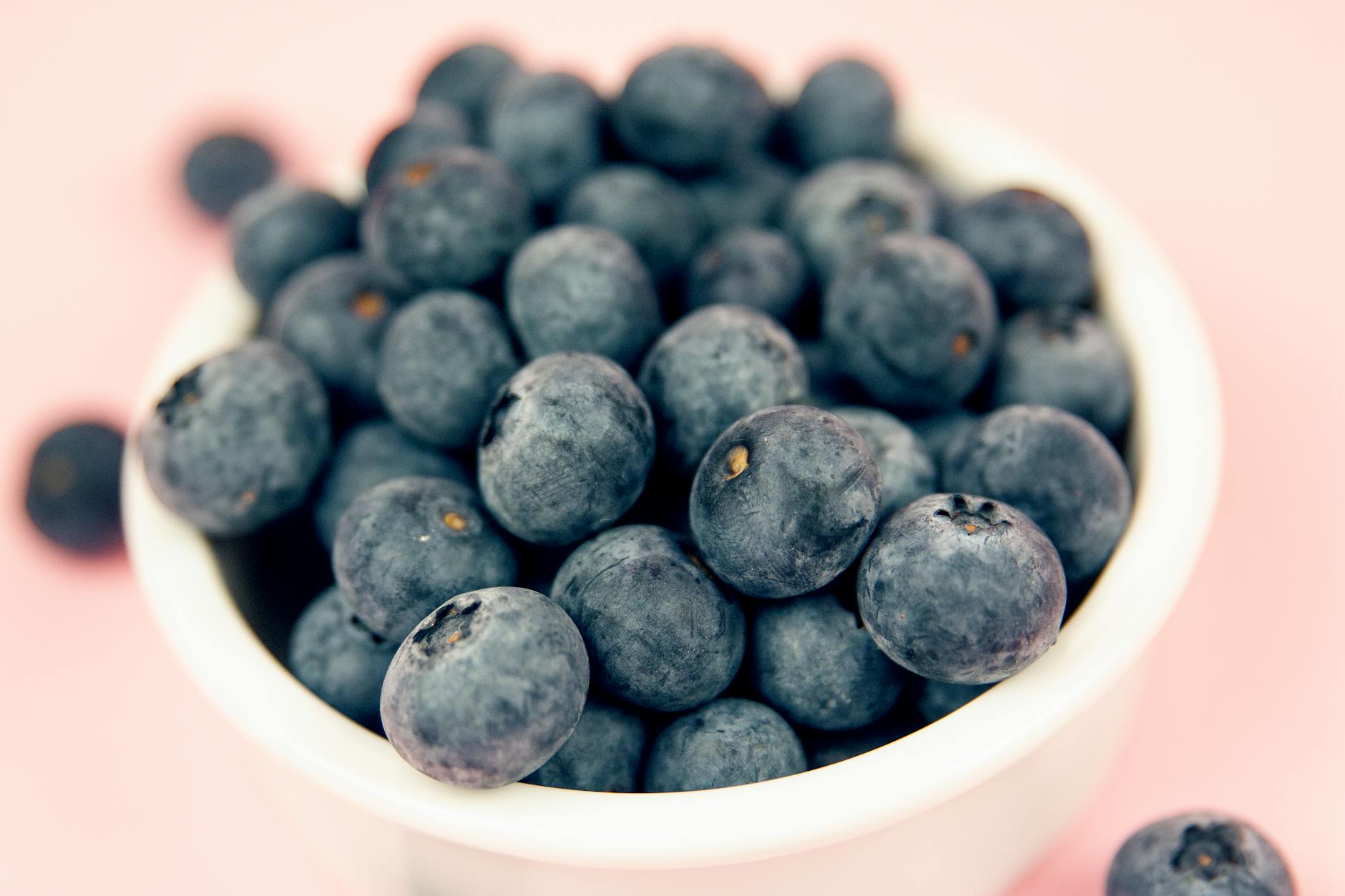 A close-up of ripe blueberries in a white bowl against a pink background, showcasing healthy eating. - spring superfoods skin
