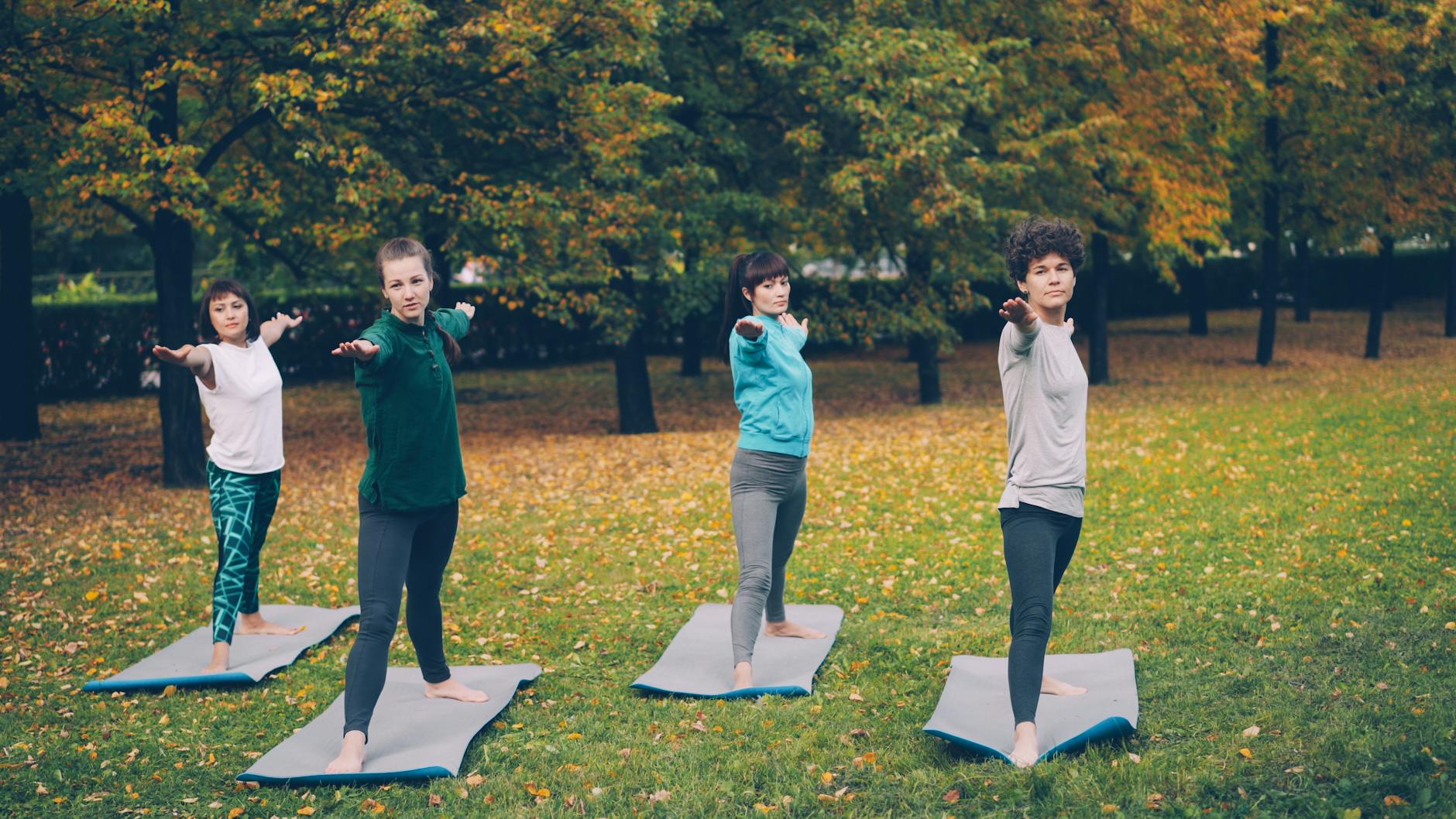 Four adults practicing yoga on mats outdoors in a scenic autumn park setting. - balance exercise social life