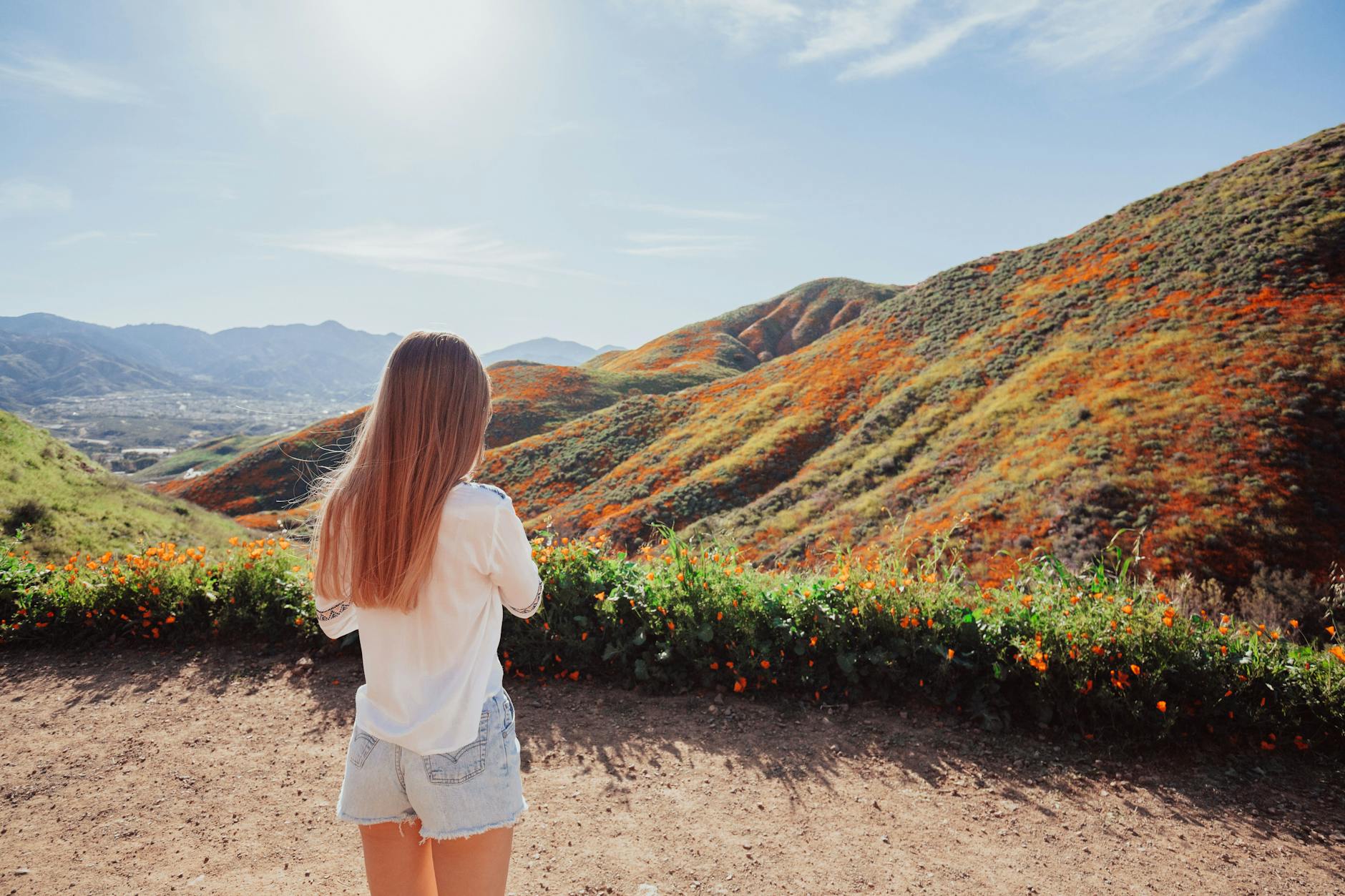 A woman enjoys the vibrant flower-covered hills of Lake Elsinore during a spring superbloom. - easy spring hikes