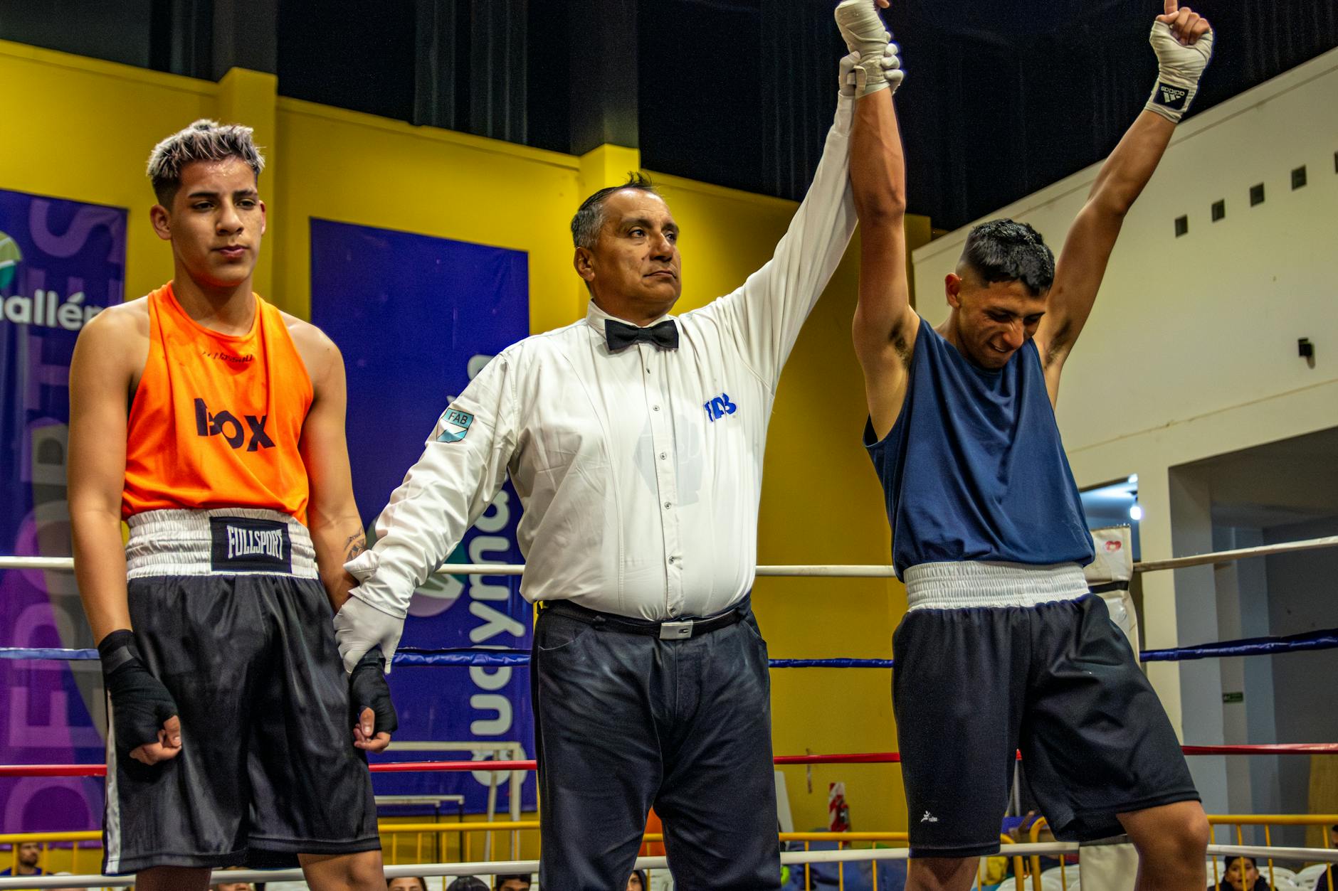 A referee declares the winner of a boxing match as one boxer's arm is raised in triumph. - non-scale victories