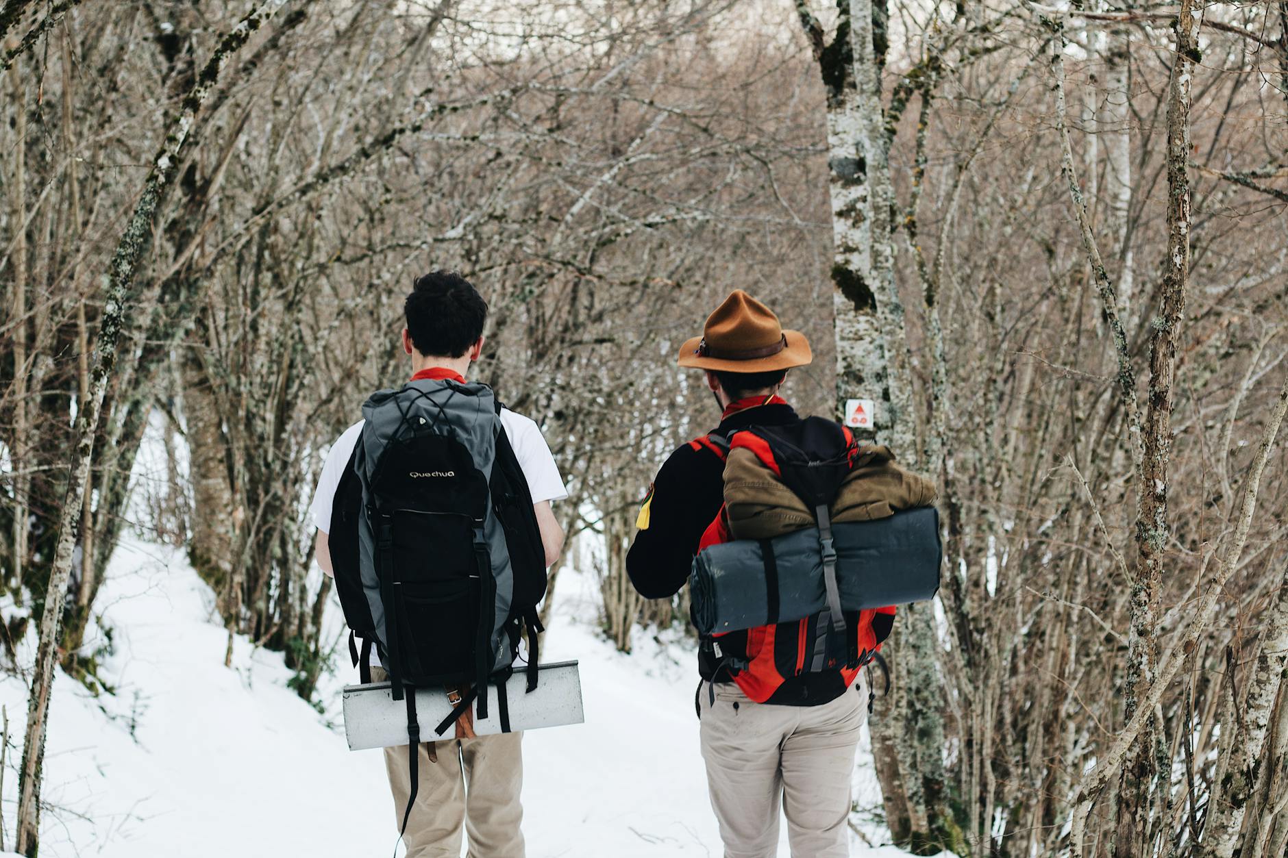 Two men hiking in a snow-covered forest, showcasing winter adventure and exploration. - spring hiking essentials