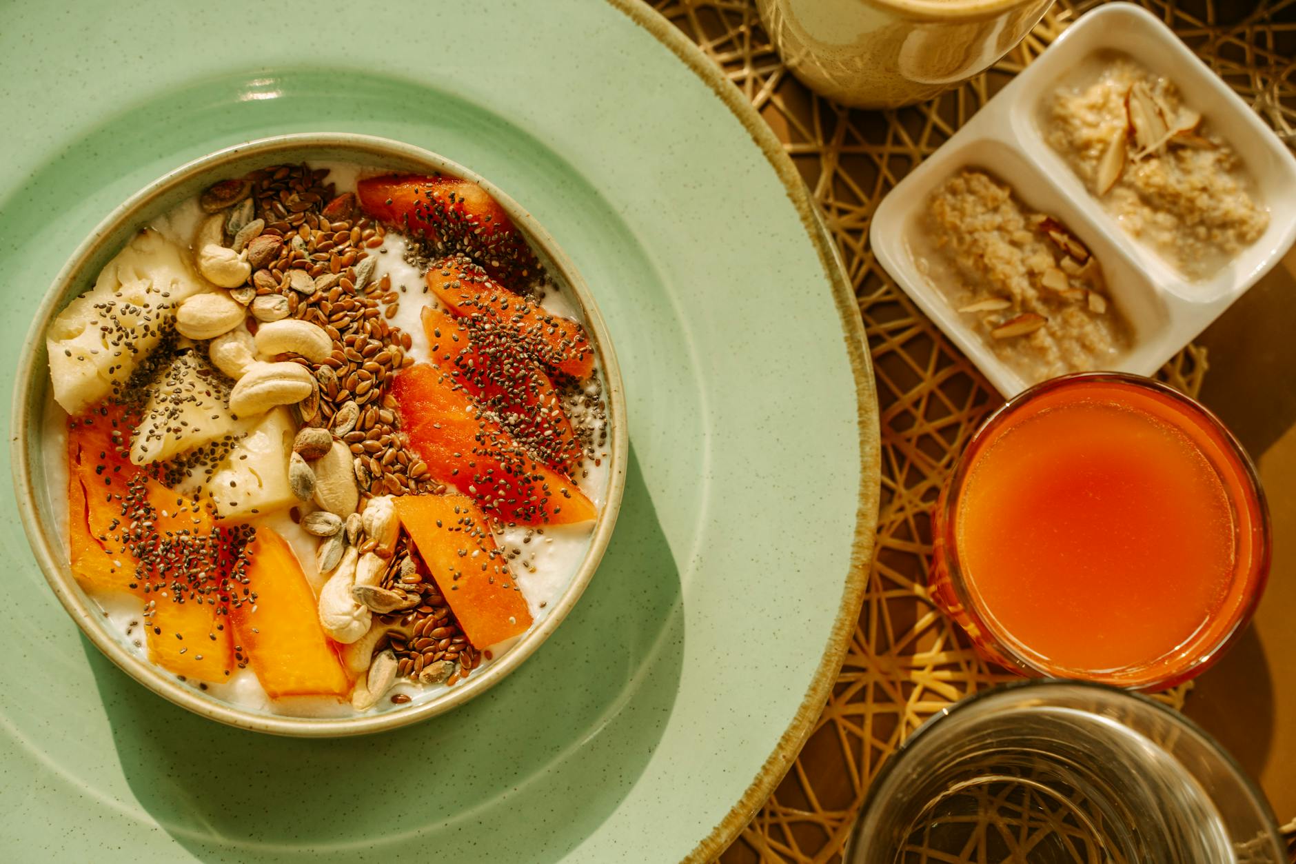 A vibrant breakfast bowl with yogurt, fruits, and seeds, perfect for a healthy morning start. - spring superfoods energy