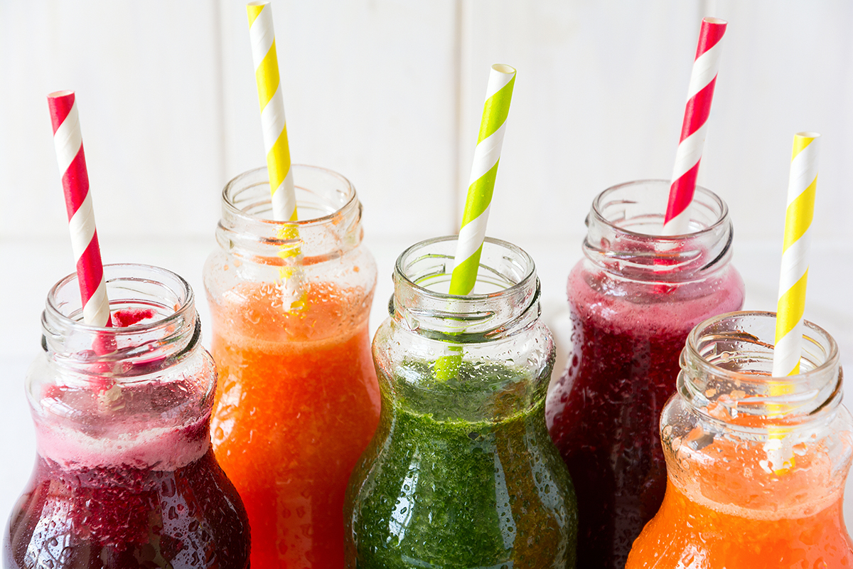 Variety of colorful detox drinks