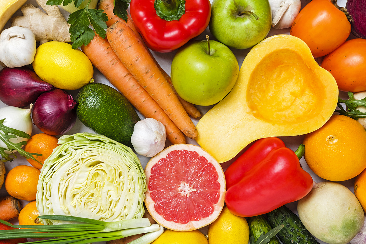 Variety of healthy foods including fruits, vegetables, and lean proteins