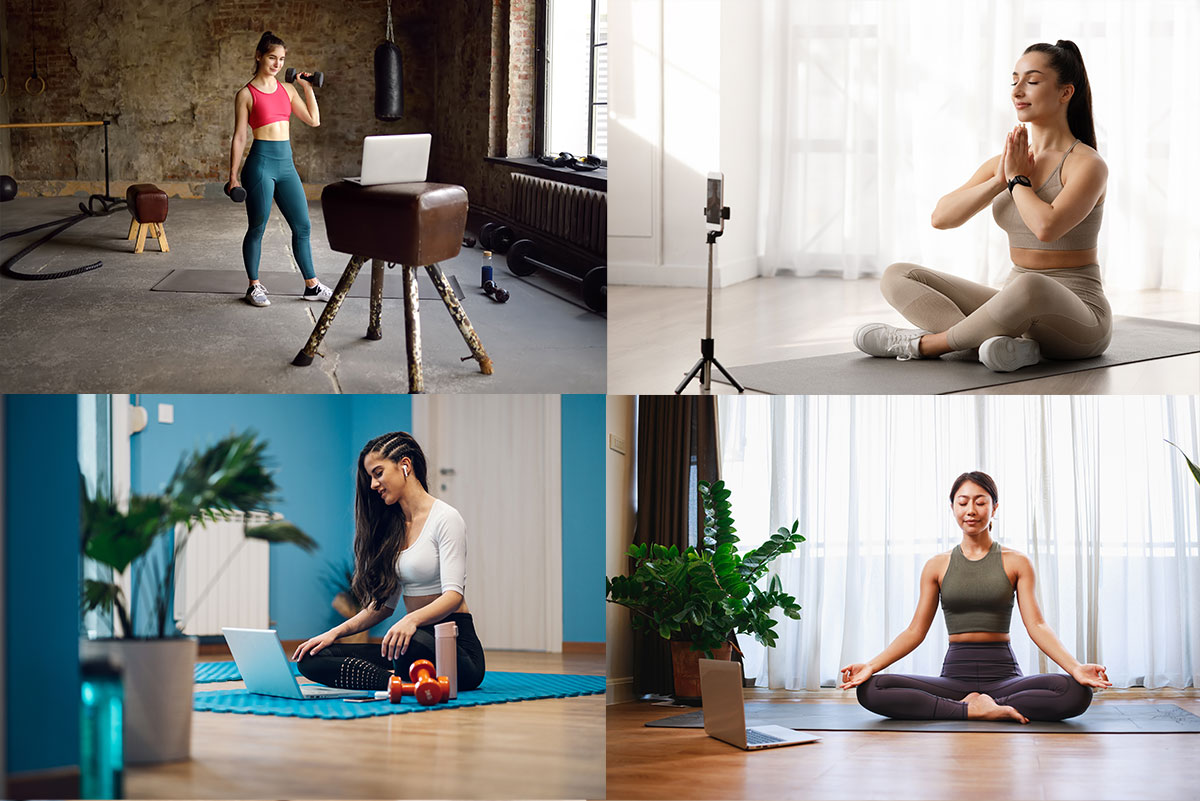 A collage showing popular styles of online fitness classes