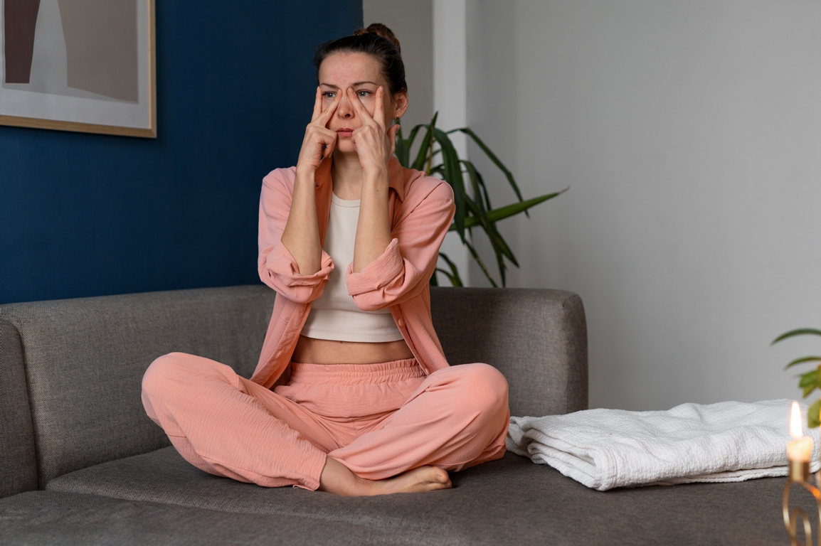 Person experiencing initial discomfort during meditation, an early stage in understanding what meditation feels like