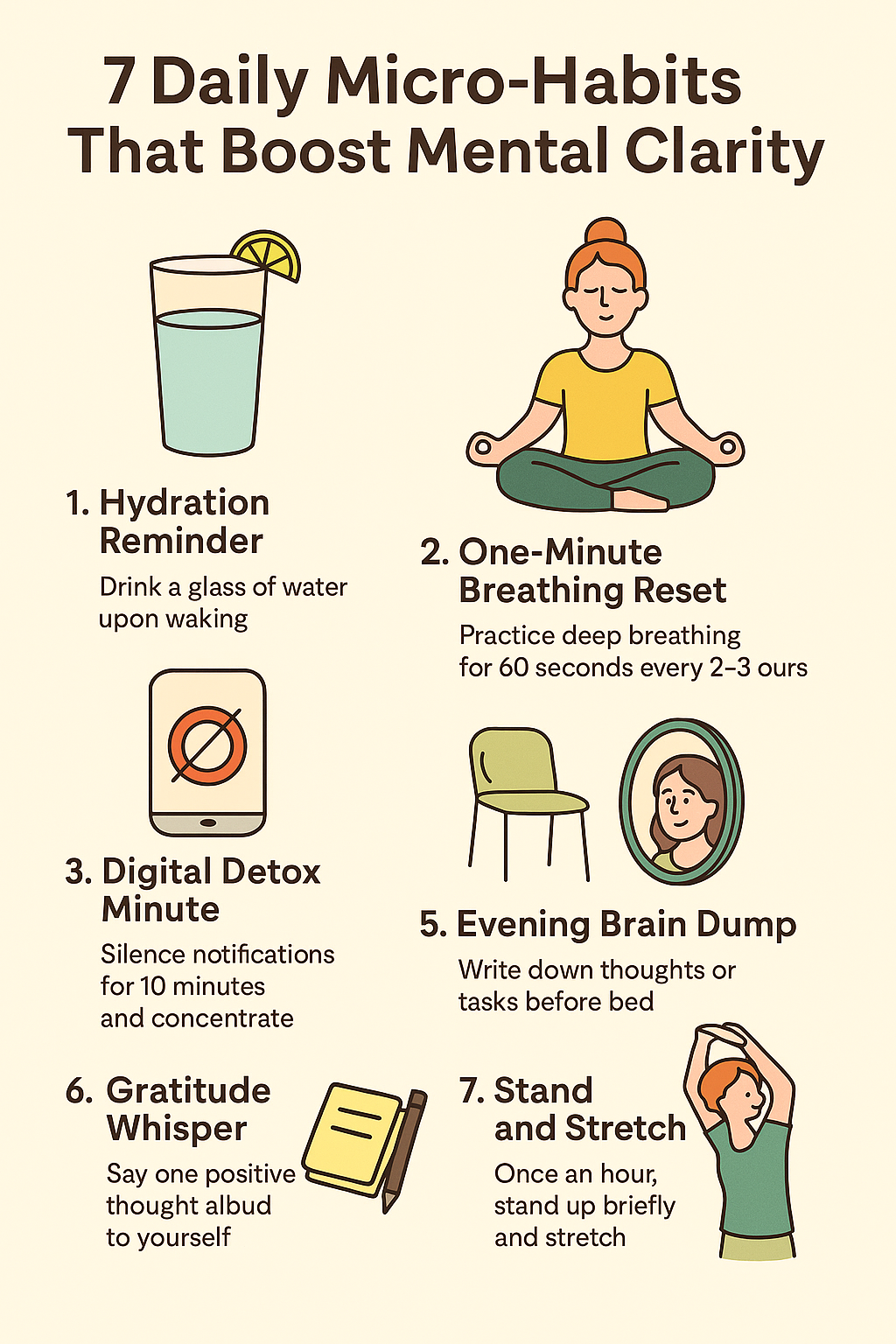 Infographic showing 7 daily micro-habits that improve mental clarity through hydration, mindfulness, and digital detox